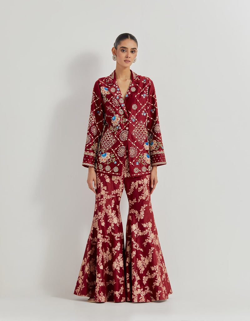 Maroon Hand Embellished Long Jacket Paired With Brocade Flared Pants