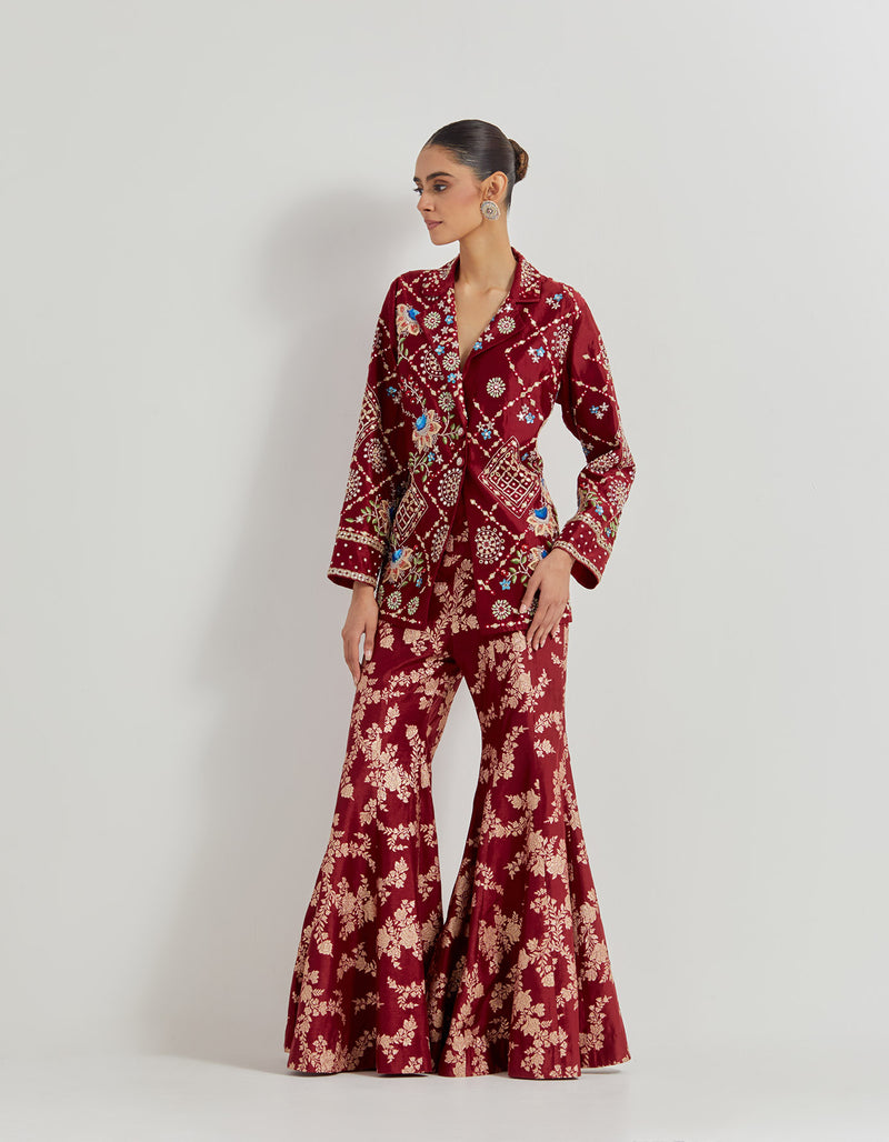 Maroon Hand Embellished Long Jacket Paired With Brocade Flared Pants