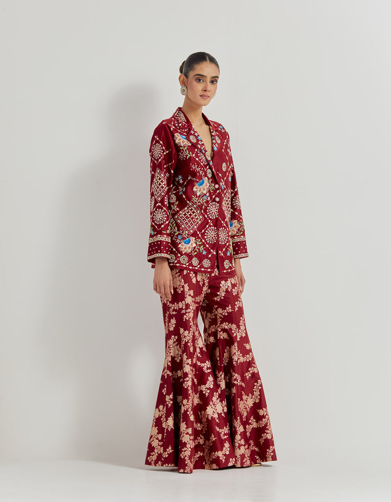 Maroon Hand Embellished Long Jacket Paired With Brocade Flared Pants