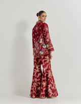 Maroon Hand Embellished Long Jacket Paired With Brocade Flared Pants