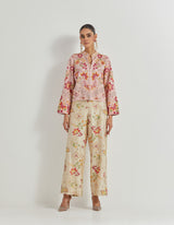 Peach Hand Embellished Jacket Paired With Off White Cross Stitch Hand Embellished Pants