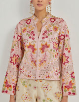 Peach Hand Embellished Jacket Paired With Off White Cross Stitch Hand Embellished Pants