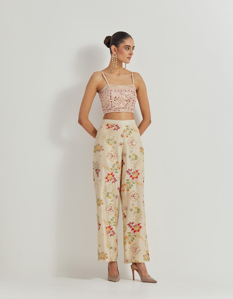 Peach Hand Embellished Jacket Paired With Off White Cross Stitch Hand Embellished Pants