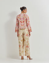 Peach Hand Embellished Jacket Paired With Off White Cross Stitch Hand Embellished Pants