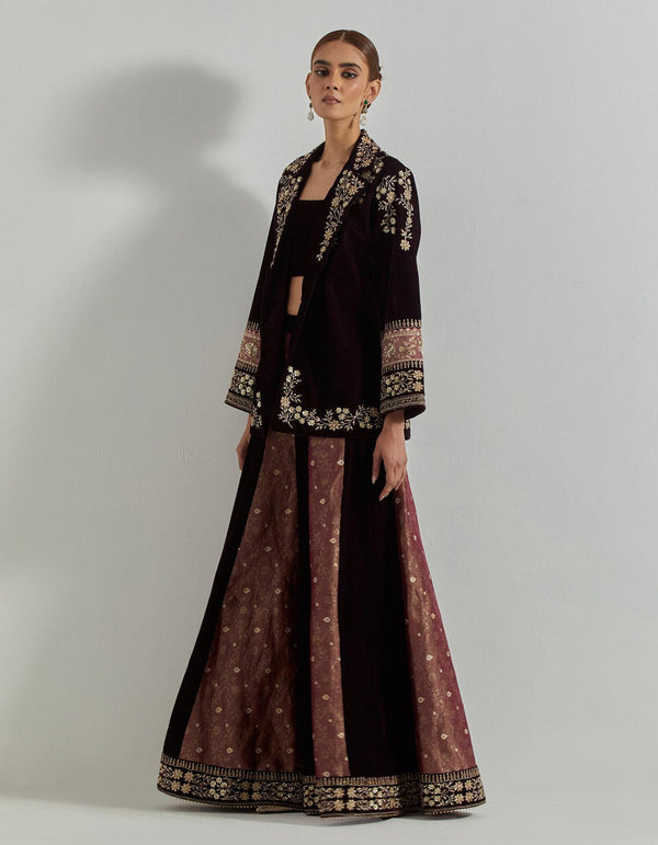 Rangrez Wine Jacket Paired With Brocade And Velvet Skirt & Velour Bustier