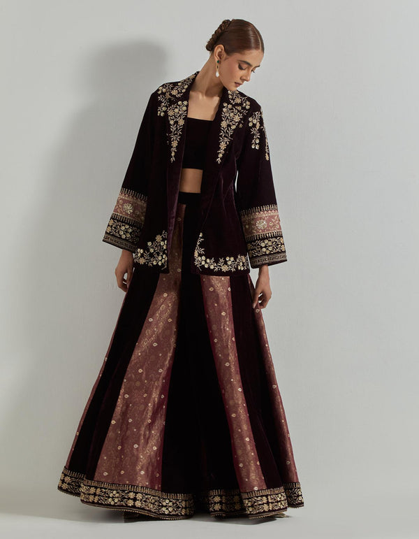 Rangrez Wine Jacket Paired With Brocade And Velvet Skirt & Velour Bustier