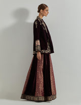 Rangrez Wine Jacket Paired With Brocade And Velvet Skirt & Velour Bustier