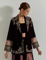 Rangrez Wine Jacket Paired With Brocade And Velvet Skirt & Velour Bustier