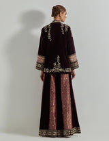Rangrez Wine Jacket Paired With Brocade And Velvet Skirt & Velour Bustier