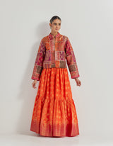 Brocade Patch Work And Hand Block Printed Jacket Paired With Tiered Silk Brocade Skirt