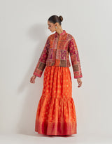 Brocade Patch Work And Hand Block Printed Jacket Paired With Tiered Silk Brocade Skirt