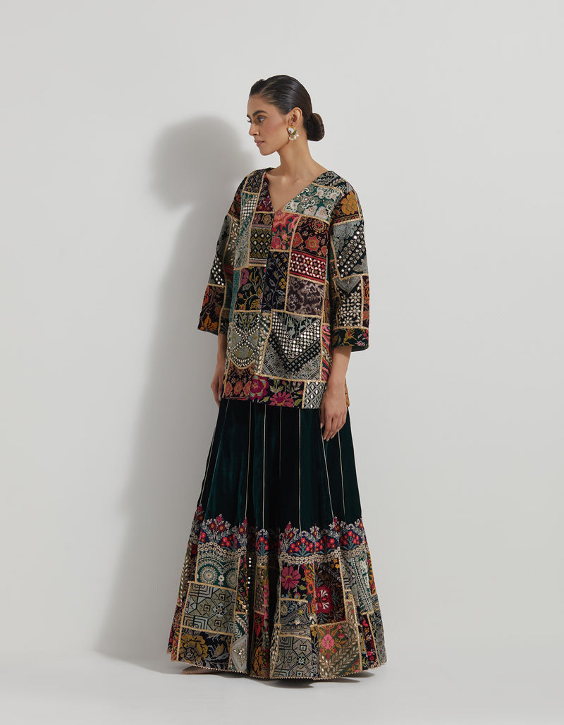 Velveteen Patch Work Embroidered Jacket And Skirt