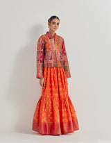 Brocade Patch Work And Hand Block Printed Jacket Paired With Tiered Silk Brocade Skirt