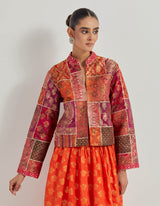 Brocade Patch Work And Hand Block Printed Jacket Paired With Tiered Silk Brocade Skirt