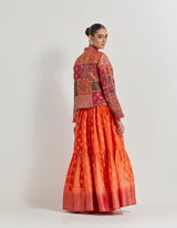 Brocade Patch Work And Hand Block Printed Jacket Paired With Tiered Silk Brocade Skirt