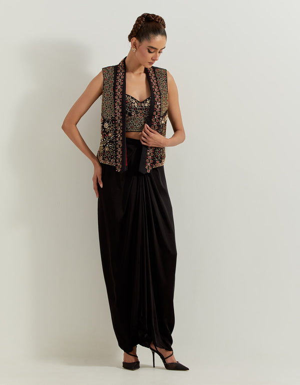 Black Chanderi Silk Waist Coat And Bustier Paired With And Satin Drape Skirt