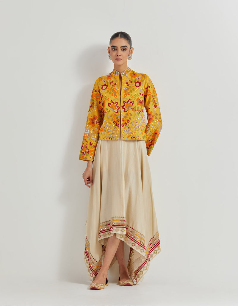 Yellow Cross Stitch And Hand Embroidered Jacket Paired With Asymetric Beige Skirt