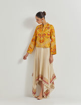 Yellow Cross Stitch And Hand Embroidered Jacket Paired With Asymetric Beige Skirt