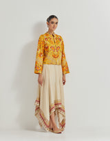 Yellow Cross Stitch And Hand Embroidered Jacket Paired With Asymetric Beige Skirt