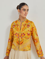 Yellow Cross Stitch And Hand Embroidered Jacket Paired With Asymetric Beige Skirt