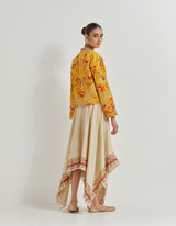 Yellow Cross Stitch And Hand Embroidered Jacket Paired With Asymetric Beige Skirt