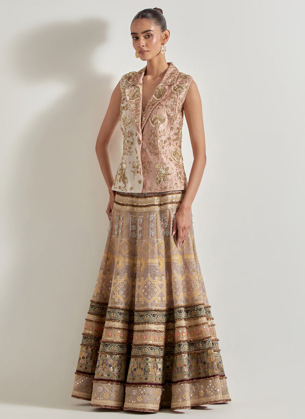Old Rose and Ivory Sajawat Hand Embellished Two Colour Jacket Paired With Brocade, Resham And Floral Embroidery