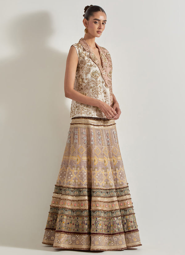 Old Rose and Ivory Sajawat Hand Embellished Two Colour Jacket Paired With Brocade, Resham And Floral Embroidery