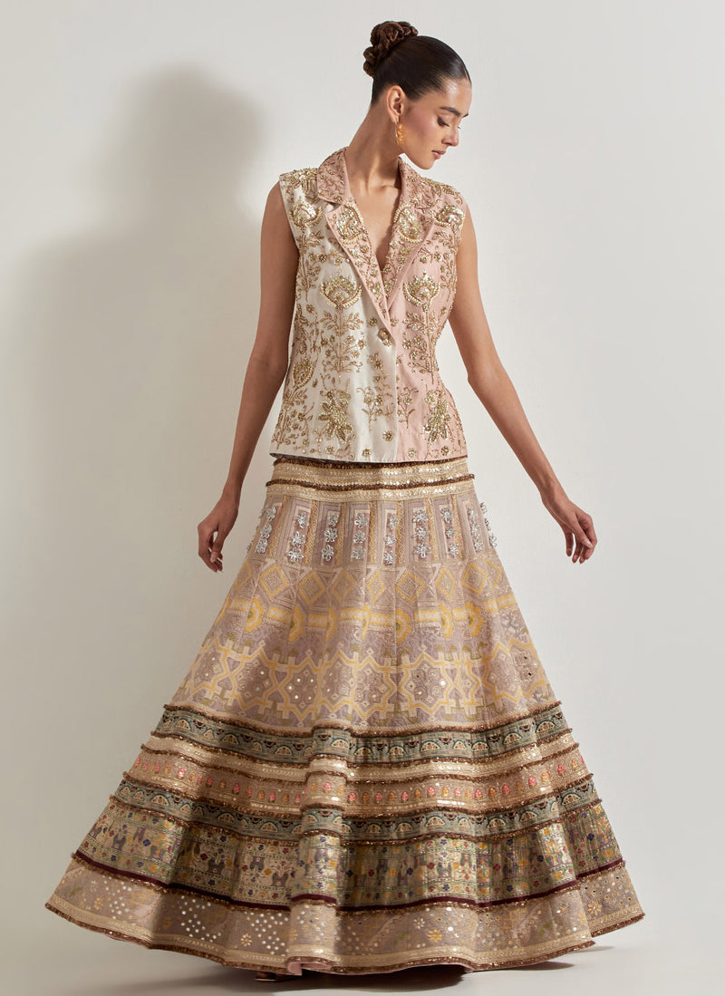 Old Rose and Ivory Sajawat Hand Embellished Two Colour Jacket Paired With Brocade, Resham And Floral Embroidery