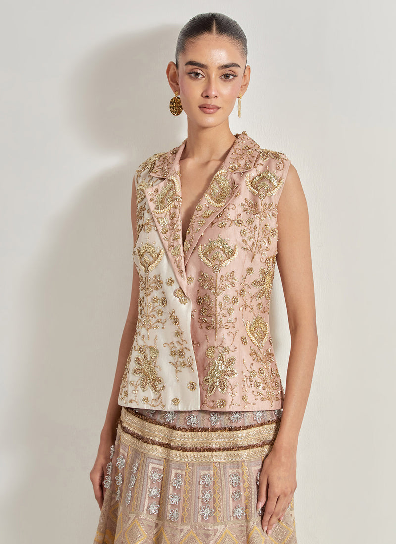 Old Rose and Ivory Sajawat Hand Embellished Two Colour Jacket Paired With Brocade, Resham And Floral Embroidery
