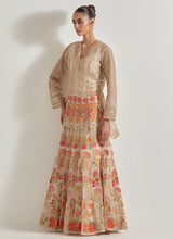 Nude Pink Gota High Low Peplum Jacket Paired With Embroidred Skirt In Organza