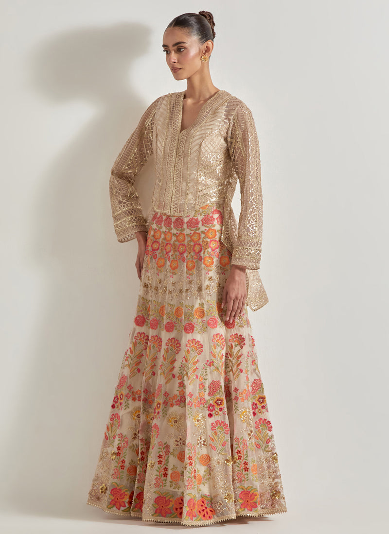 Nude Pink Gota High Low Peplum Jacket Paired With Embroidred Skirt In Organza