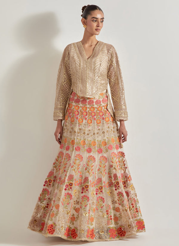 Nude Pink Gota High Low Peplum Jacket Paired With Embroidred Skirt In Organza