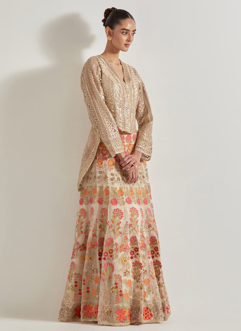 Nude Pink Gota High Low Peplum Jacket Paired With Embroidred Skirt In Organza