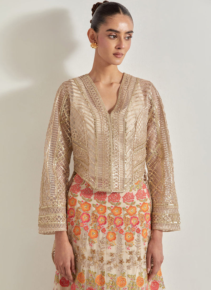 Nude Pink Gota High Low Peplum Jacket Paired With Embroidred Skirt In Organza