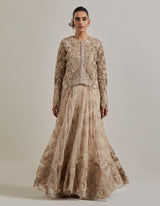Champagne Pink Gota Glimmer Embellished Mesh Jacket Paired With Organza Embroidered Skirt