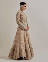 Champagne Pink Gota Glimmer Embellished Mesh Jacket Paired With Organza Embroidered Skirt