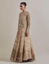 Champagne Pink Gota Glimmer Embellished Mesh Jacket Paired With Organza Embroidered Skirt