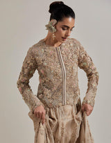 Champagne Pink Gota Glimmer Embellished Mesh Jacket Paired With Organza Embroidered Skirt
