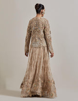 Champagne Pink Gota Glimmer Embellished Mesh Jacket Paired With Organza Embroidered Skirt