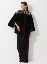 Black Velvet Embellished Jacket With Cape Sleeves