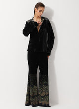 Black Peplum Velvet Jacket Paired With Flared Embroidery Trouser