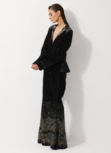 Black Peplum Velvet Jacket Paired With Flared Embroidery Trouser