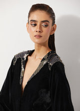 Black Peplum Velvet Jacket Paired With Flared Embroidery Trouser