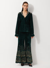 Bottle Green Peplum Velvet Jacket Paired With Flared Embroidery Trouser