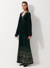 Bottle Green Peplum Velvet Jacket Paired With Flared Embroidery Trouser