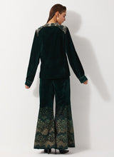 Bottle Green Peplum Velvet Jacket Paired With Flared Embroidery Trouser