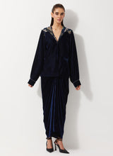 Navy Blue Peplum Velvet Jacket Paired With Velvet Cowl Skirt