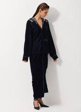 Navy Blue Peplum Velvet Jacket Paired With Velvet Cowl Skirt