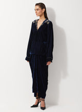 Navy Blue Peplum Velvet Jacket Paired With Velvet Cowl Skirt