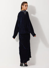 Navy Blue Peplum Velvet Jacket Paired With Velvet Cowl Skirt